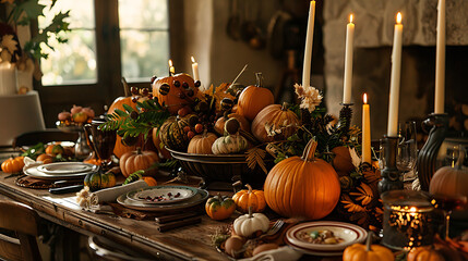 Thanks giving table setting with candles, autumn leaves and pumpkins