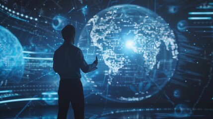 Businessman presenting futuristic business world metaverse graphic. In the form of innovation in digital business processing technology,