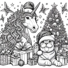 A unicorn coloring pages black and white drawing includes drawing of a unicorn and a dog art card design realistic meaning.