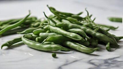  high-definition shot of a beautiful arrangement of fresh green beans on a marble kitchen countertop