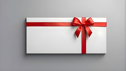 Isolated on a grey background with shadow, a minimal conceptual present signboard or a blank white gift voucher with a red ribbon bow