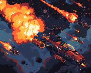 A lone spaceship battles against a swarm of enemy fighters. The ship is taking heavy damage, but it is still fighting. The battle is fierce, and the outcome is uncertain.