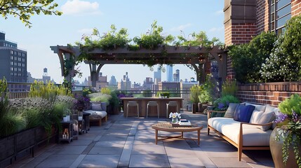 Obraz premium Serene Urban Retreat: Discovering Tranquility in the Heart of the City at a Rooftop Garden Oasis - Perfect Escape from the Bustle.