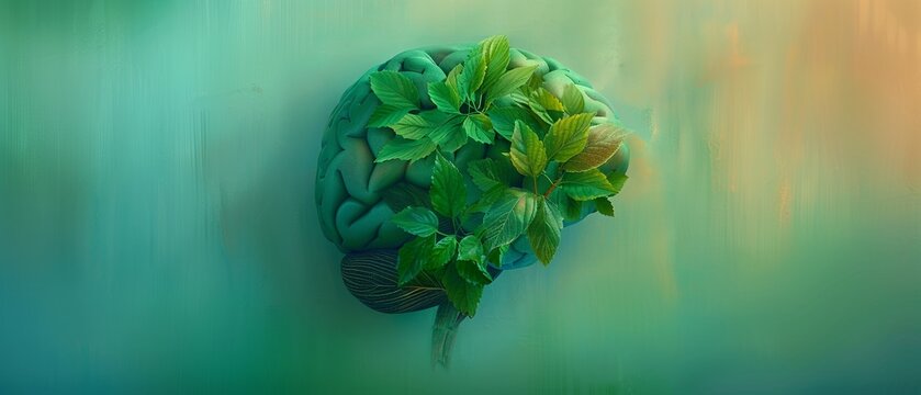An artistic representation of a human brain made from green leaves, emphasizing ecoconscious genius and mental growth, framed with ample copy space for educational content