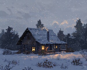 A cozy cabin in the woods, surrounded by snow-covered trees