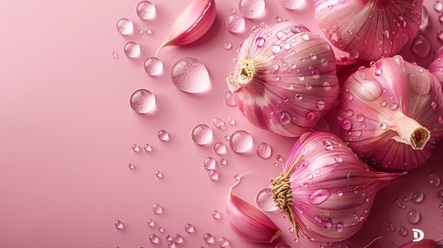 A close-up pink garlic clove with water droplets on a pink background