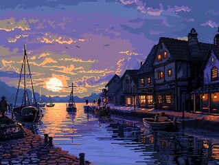 Fototapeta premium Create a pixel art image of a harbor at sunset. Include a variety of boats and buildings. Make the colors vibrant and the lighting dramatic.
