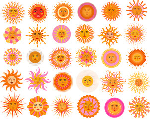 boho sun medallions, bohemian solar sunny faces, celestial soleil sol mandalas in warm yellow pink orange reds colors, vector illustration graphic design collection