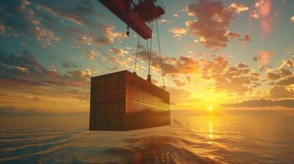 Cargo freight ship with crane to shore lift up loading container box in sunrise sky. import and export logistic and transportation concept