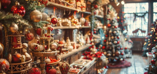 A stock photo of a winter holiday decor shop with Christmas trees, ornaments, and festive decorations