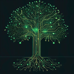 A vibrant, green, tech-inspired tree with circuit lines and glowing nodes. Symbolizing the intersection of nature and technology. Digital themes.