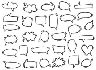 Obraz premium Doodle chat icon in hand drawn style. Cartoon bubbles vector illustration on isolated background. Talk frame sign business concept.