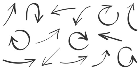 Arrow icon in hand drawn style. Handmade doodle vector illustration on isolated background. Cursor pointer sign business concept.