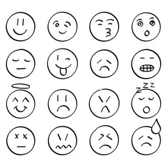 Emojis faces icon in hand drawn style. Doddle emoticons vector illustration on isolated background. Happy and sad face sign business concept.