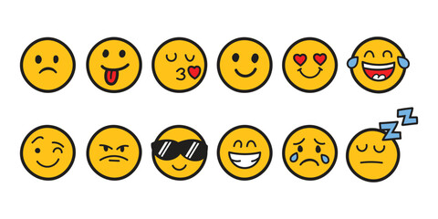 Fototapeta premium Emojis faces icon in hand drawn style. Doddle emoticons vector illustration on isolated background. Happy and sad face sign business concept.