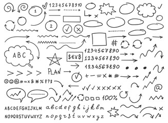 Arrow circles and abstract doodle icon in hand drawn style. Number vector illustration on isolated background. Letters, arrows sign business concept.