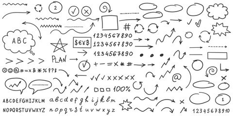 Arrow circles and abstract doodle icon in hand drawn style. Number vector illustration on isolated background. Letters, arrows sign business concept.