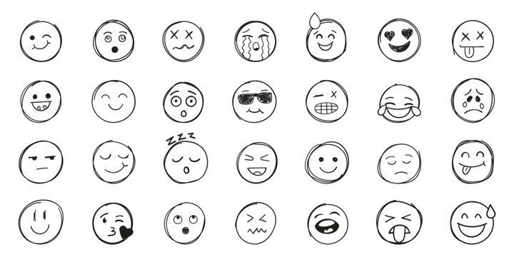 Emojis faces icon in hand drawn style. Doddle emoticons vector illustration on isolated background. Happy and sad face sign business concept.