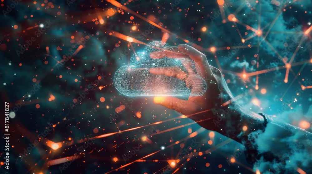 Poster Cloud technology concept Global network of metaverse systems concept, Man hand touch data with internet cloud technology and File Transfer backup copy,Global business Internet for Telecommunication