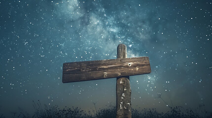 A wooden empty signpost mockup blue starry night sky background