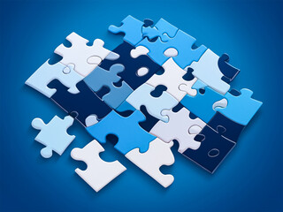 Blue colored 3D-rendered puzzle pieces scattered on a vibrant purple background