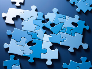 Blue colored 3D-rendered puzzle pieces scattered on a vibrant purple background