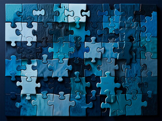 Blue colored 3D-rendered puzzle pieces scattered on a vibrant purple background