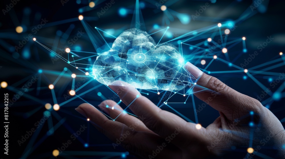 Poster Cloud technology concept Global network of metaverse systems concept, Man hand touch data with internet cloud technology and File Transfer backup copy,Global business Internet for Telecommunication