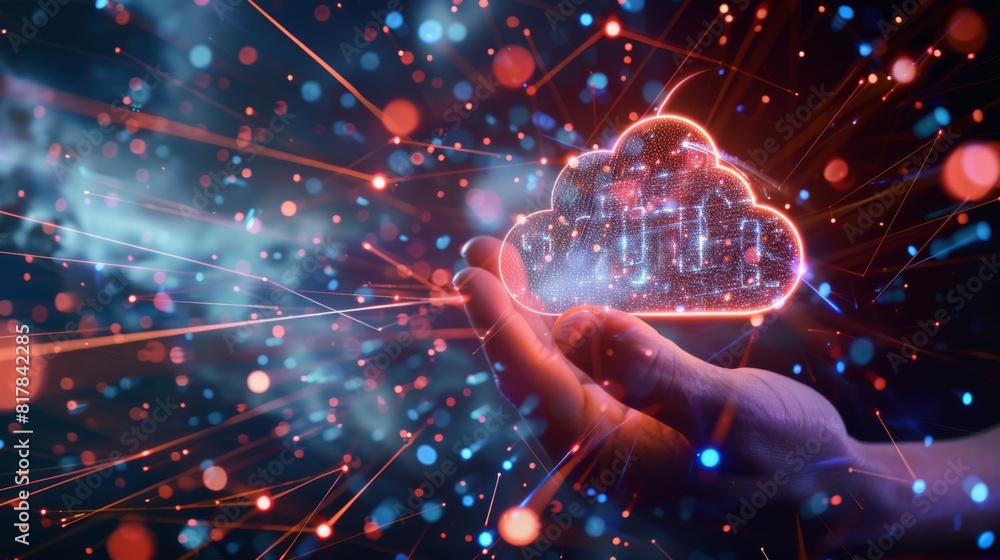 Poster cloud technology concept global network of metaverse systems concept, man hand touch data with inter