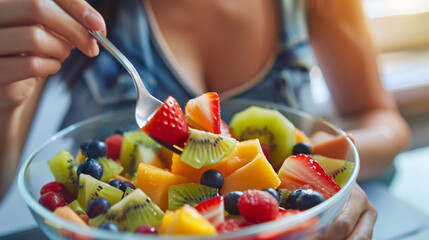 Woman eating healthy fruit salad at home closeup