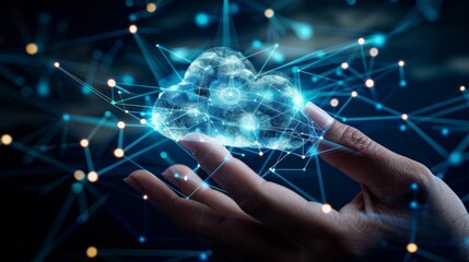 Cloud technology concept Global network of metaverse systems concept, Man hand touch data with internet cloud technology and File Transfer backup copy,Global business Internet for Telecommunication