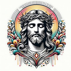 A drawing of a jesus christ with a crown of thorns image card design meaning harmony realistic.