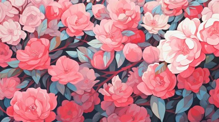 Camellia bushes flat design top view winter blooms theme water color complementary color scheme