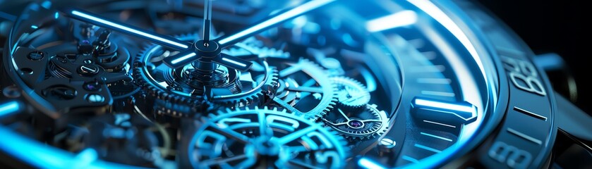 A close up of a mechanical watch movement with blue light.