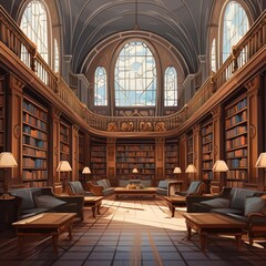 Classic library interior flat design front view academic theme cartoon drawing Monochromatic Color Scheme