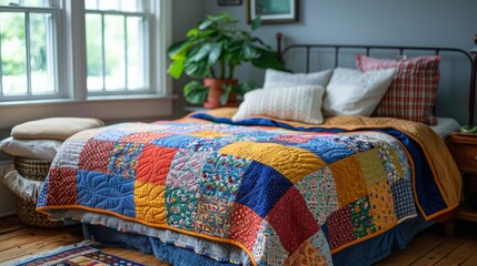 summer quilting fun, handmade quilt featuring colorful patchwork, a charming addition to your summer folk art collection and a cozy decoration