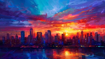Colorful sunset over an urban skyline, with city lights twinkling as the sun sets behind the buildings in a vibrant display of colors.
