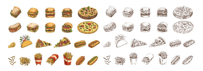Hand-drawn colored and monochrome sketches of street food, takeaway food, fast food, junk food and drinks. Burgers, potato french fries, chips, pizza, hot dogs, burritos, tacos, set. Great for menu.