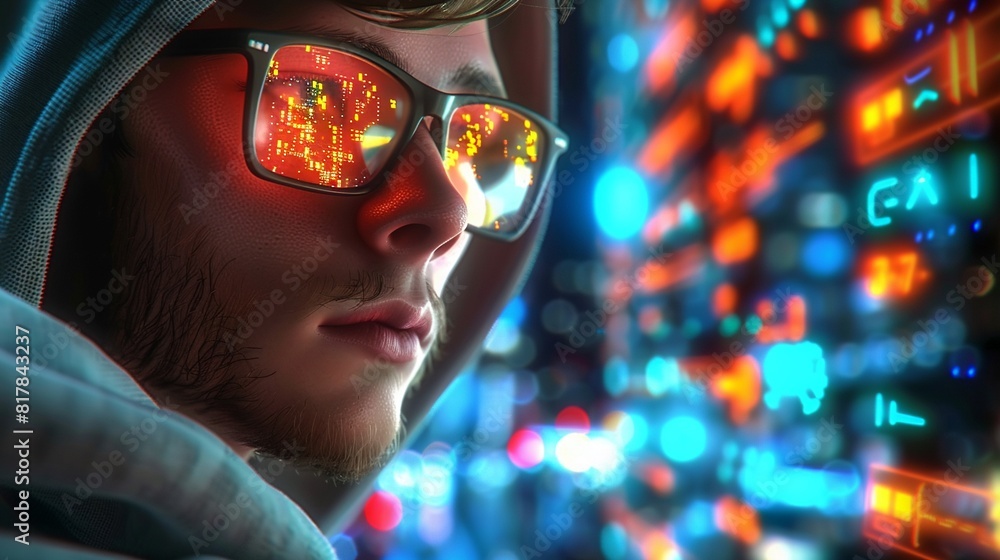 Fototapete futuristic security analyst connecting to a cyberspace database, visualizing currency movements and 