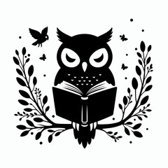 Black сartoon owl reading a book, isolated, wisdom concept