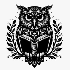 Black сartoon owl reading a book, isolated, wisdom concept
