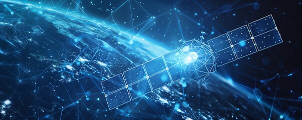 A satellite in space with a glowing blue globe in the background. The satellite is surrounded by a network of glowing blue lines.
