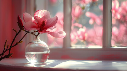 Delicate Beauty: Pink Magnolia Flower in Glass Vase on White Table with Sunlight on Pastel Pink Wall
