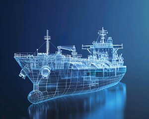 A digital illustration of a cargo ship. The ship is blue and made of lines. It is on a dark blue background.