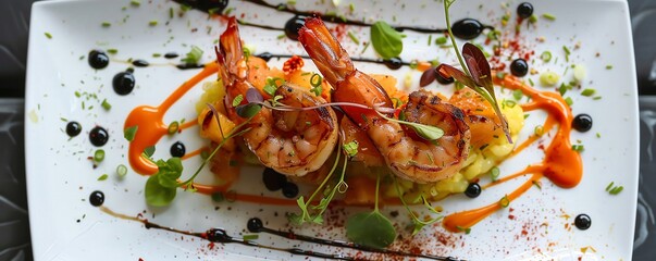 A plate of delicious food with shrimp, vegetables, and a tasty sauce.