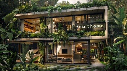 Smart home concept featuring a green, sustainable, and lush house equipped with innovative solutions for an eco-friendly lifestyle, showcasing modern technology and environmental consciousness.