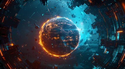 Obraz premium Digital technology orange and cyan cyberpunk planet poster background