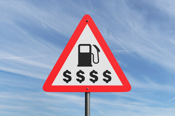 Triangular warning road sign showing a gas station dispenser and dollar signs with red border lines in blue sky background. Illustration of the concept of increasing petrol and diesel prices