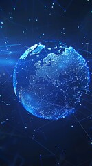 A digital representation of planet Earth, glowing blue against a dark background