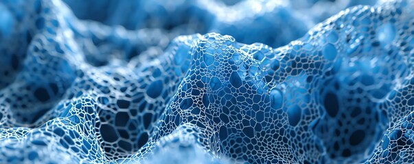 Blue and white abstract 3D rendering of a cellular structure.